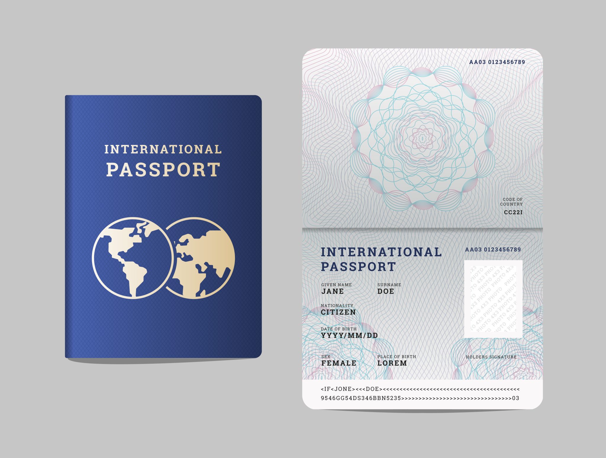 Open passport. Template Passport International Purple.